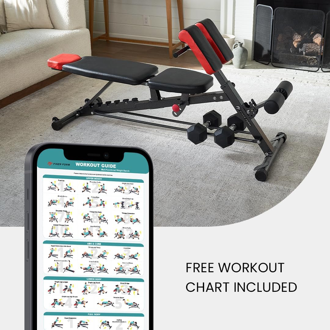 Finer Form Multi-Functional FID Weight Bench for Comprehensive Body Workout – Hyper Back Extension, Roman Chair, Adjustable Ab Sit-Up Bench, Incline/Decline Bench, Flat Bench
