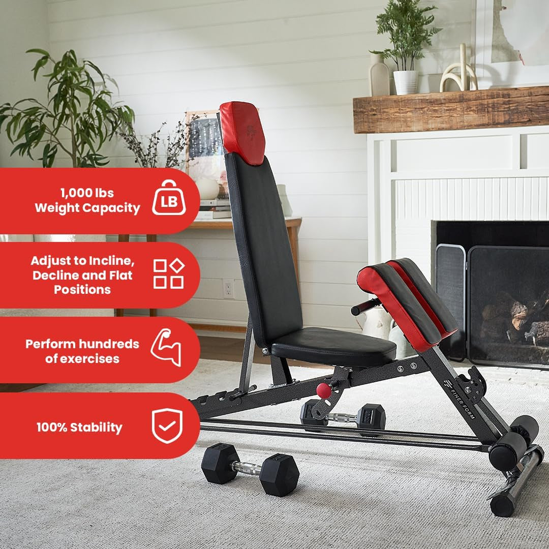 Finer Form Multi-Functional FID Weight Bench for Comprehensive Body Workout – Hyper Back Extension, Roman Chair, Adjustable Ab Sit-Up Bench, Incline/Decline Bench, Flat Bench