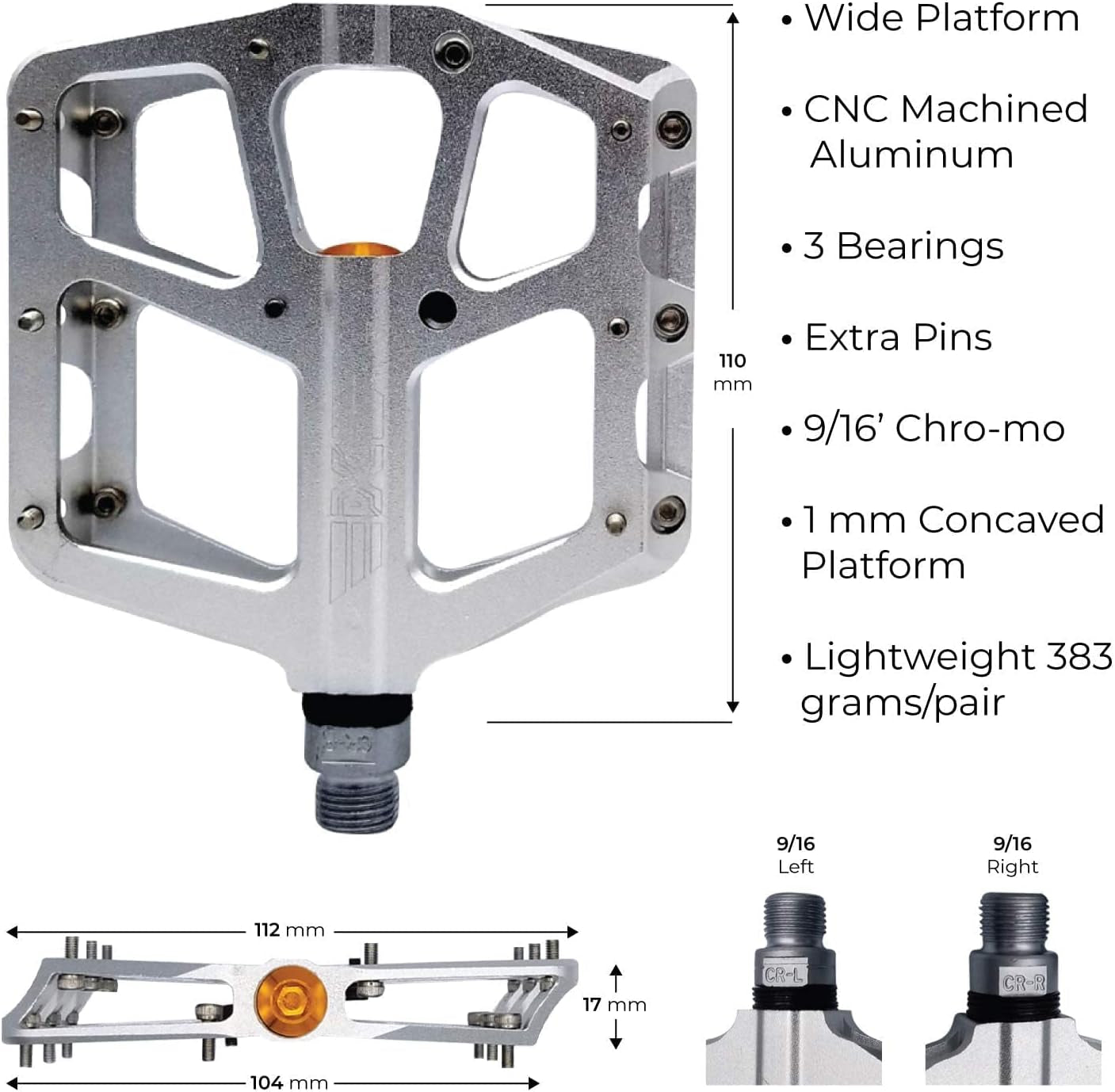 PDX A8 Lightweight Aluminum Mountain Bike Pedals with Anti-Slip Concave Platform and 16 Pins