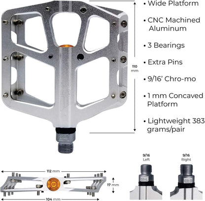PDX A8 Lightweight Aluminum Mountain Bike Pedals with Anti-Slip Concave Platform and 16 Pins