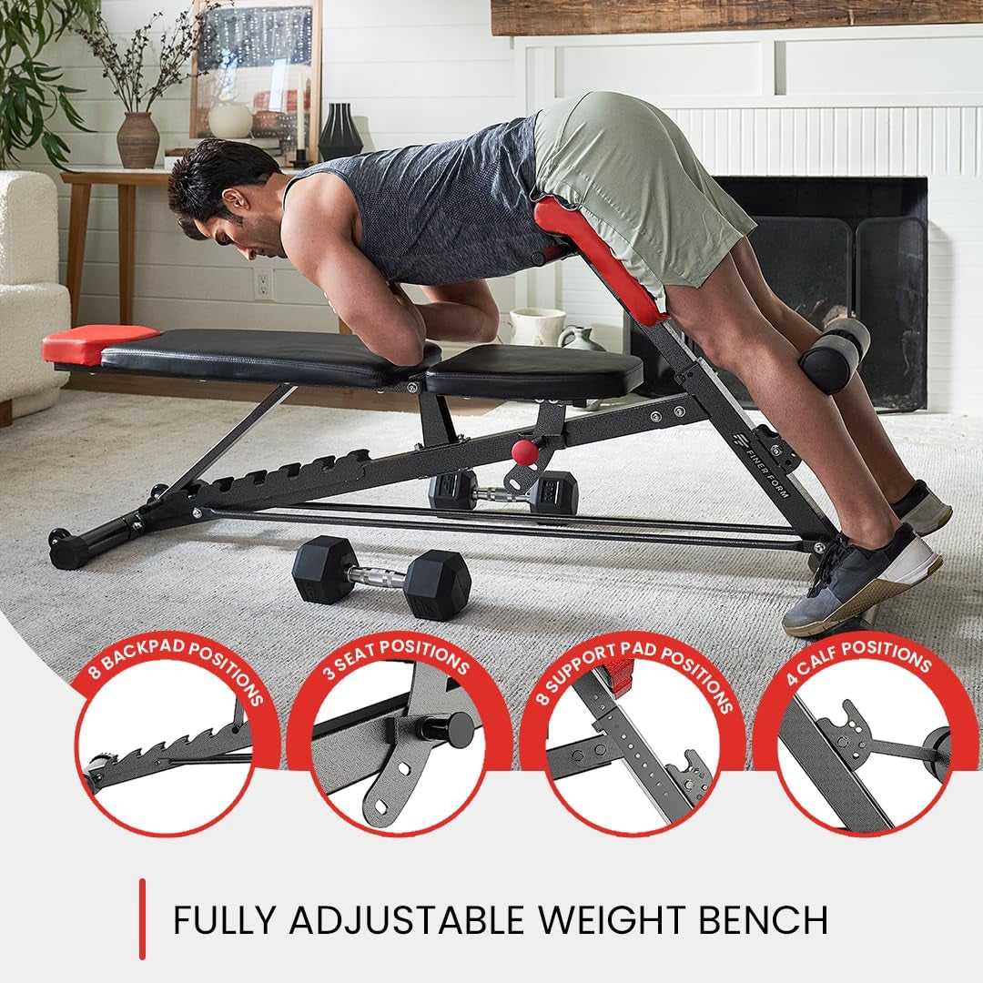 Finer Form Multi-Functional FID Weight Bench for Comprehensive Body Workout – Hyper Back Extension, Roman Chair, Adjustable Ab Sit-Up Bench, Incline/Decline Bench, Flat Bench