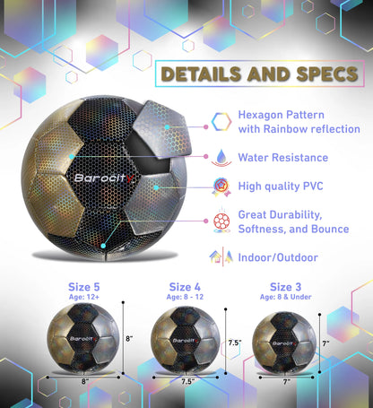 Barocity Mix Silver, Black, Gold Soccer Ball- Premium Soccer Ball Size 3 with Reflective Iridescent Rainbow Hex Pattern, Soccer Ball Boys and Girls, Kids Soccer Ball for Indoor and Outdoor Playtime